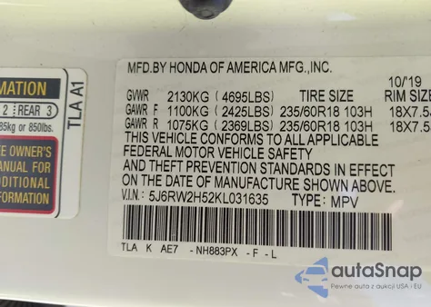 2019 Honda Cr-V Ex from USA, damaged, VIN 5J6RW2H52KL031635